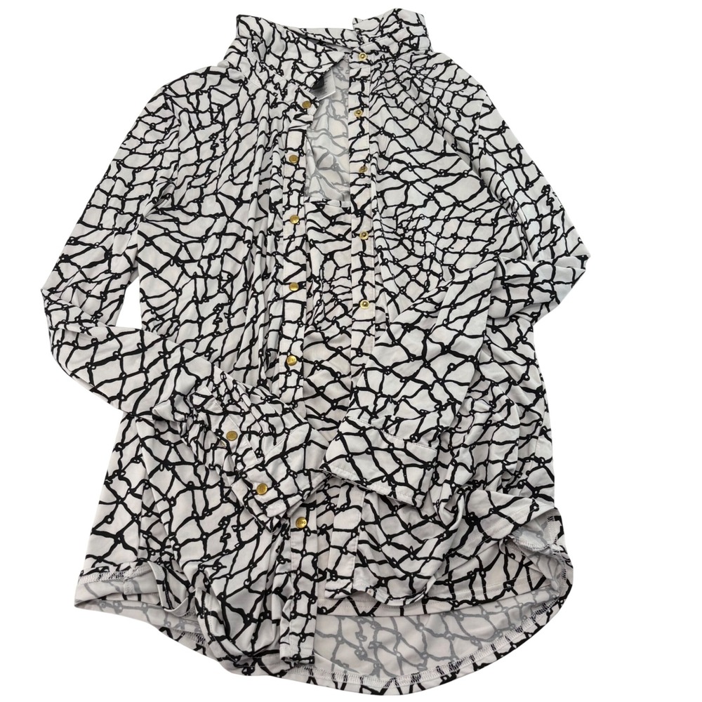 BCBGMAXAZRIA Womens Large Black White Geometric Chain Link Button Down Blouse